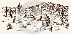 American wild west desert with cowboy photo