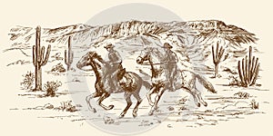 American wild west desert with cowboys.