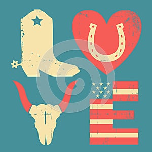 American Wild West traditional symbols. Vintage Cowboy vector grunge printable symbol text with cowboy boot and Wild West objects