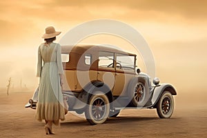 American woman vintage car 1920 year. Generate Ai