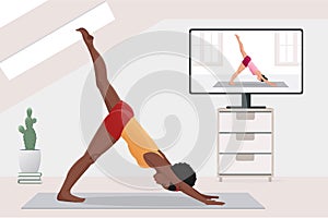 American woman watch and repeat yoga education, stretching at home with instructor by video on TV on Internet online