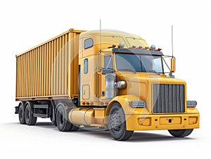 American yellow cargo truck with container on white background