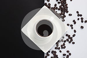 Americano with coffee bean on black and white background