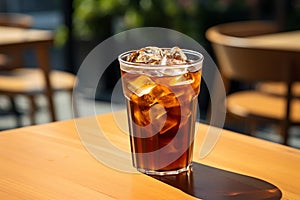 Americano with Fresh Ice Cubes Served in a Clear Glass on a Sunny Day in Cafe