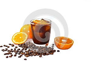 Americano ice coffee serve with orange juice slice and put on the sack.