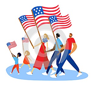 Americans carrying national flag with dignity and pride. Vector flat illustration