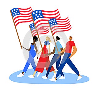 Americans carrying national flag with dignity and pride. Vector flat illustration
