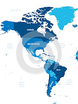 Americas map - green hue colored on dark background. High detailed political map of North and South America continent