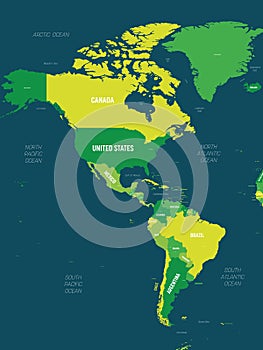 Americas map - green hue colored on dark background. High detailed political map of North and South America continent