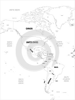 Americas map. High detailed political map of North and South America continent with country, capital, ocean and sea