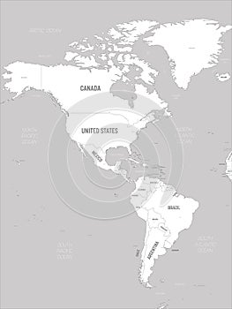 Americas map - white lands and grey water. High detailed political map of North and South America continent with country