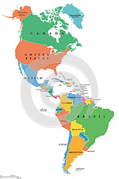 The Americas, single states, political map with national borders