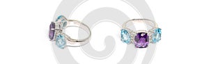 Amethyst with blue topaz and white sapphire Jewel or gems ring on white background. Collection of natural gemstones accessories.