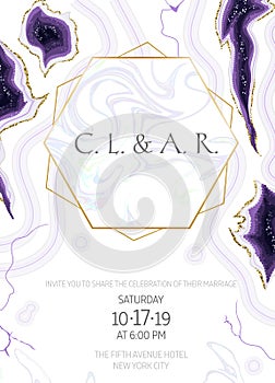 Amethyst crystal geode purple and white marbled vector frame