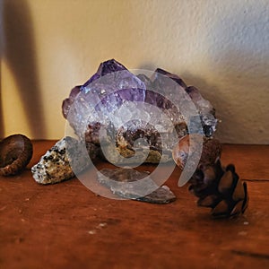 Amethyst crystal and nature findings in shelf