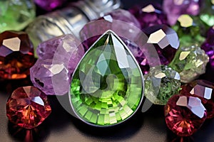 amethyst, garnet, and peridot gemstones magnified by a jewelers loupe