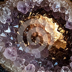 An amethyst geode displaying a vibrant violet array of crystals. The geode's interior