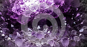 Amethyst geode interior showcasing a cluster of translucent purple crystals with