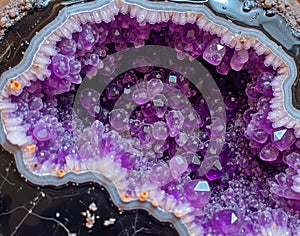 Amethyst geode marble with purple crystal clusters on a black base, showcasing a gemological cross-section texture in macro photo