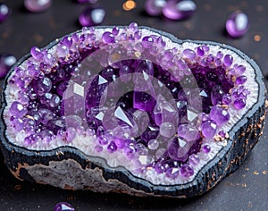 Amethyst geode marble with purple crystal clusters on a black base, showcasing a gemological cross-section texture in macro photo