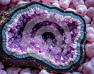 Amethyst geode marble with purple crystal clusters on a black base, showcasing a gemological cross-section texture in macro photo