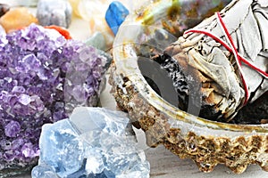 Amethyst Geode and White Sage Bundle Close Up