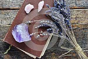 Amethyst and Rose Quartz Crystals with Dried Lavender Flowers