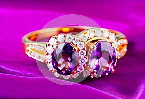 Amethyst, ruby and white zircon Jewel or gems ring on purple velvet bag