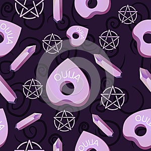 Amethyst, stars and moon pagan symbol and spell book seamless pattern. Repetitive background with precious stones