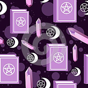 Amethyst, stars and moon pagan symbol and spell book seamless pattern. Repetitive background with precious stones