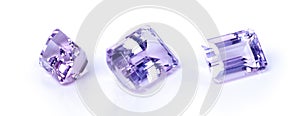 Amethyst, stone or rock in studio by white background for natural resource, jewelry and baguette for luxury. Gemstone