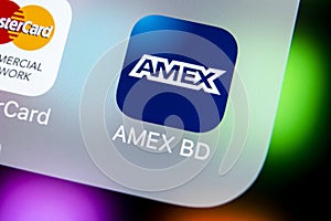 Amex application icon on Apple iPhone X smartphone screen close-up. American express app icon. Amex is an online electronic financ