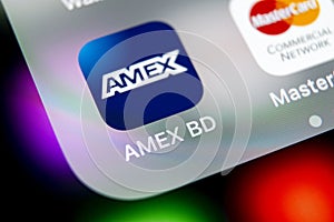 Amex application icon on Apple iPhone X smartphone screen close-up. Amex app icon. American express is an online electronic financ