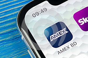 Amex application icon on Apple iPhone X smartphone screen close-up. Amex app icon. American express is an online electronic financ