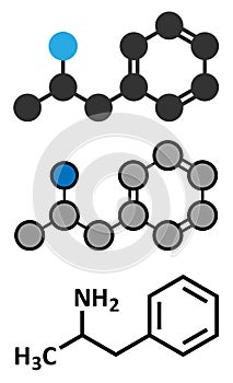 Amfetamine amphetamine, speed stimulant drug molecule. Stylized 2D rendering and conventional skeletal formula.