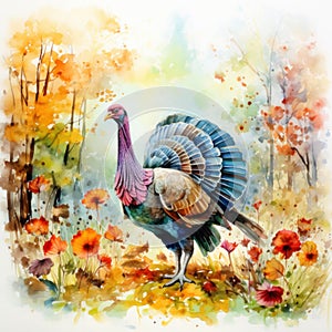 Amiable Watercolor Turkey Strutting Amidst Colorful Autumn Leaves and Blooms on White Background AI Generated