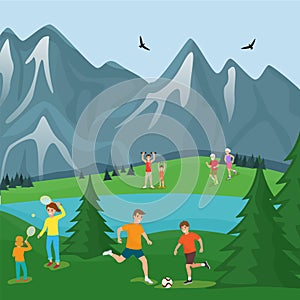 Amicable family play sport game in mountain outdoor national park flat vector illustration. Character people workout