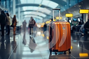 Amid the airport\'s commotion, a luggage bag blends into the blurred setting