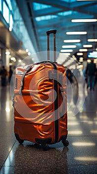 Amid the airport\'s commotion, a luggage bag blends into the blurred setting
