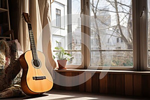 Amid the city\'s hustle, a classical guitar finds solace in an urban apartment.