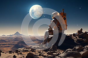 Amidst arid wilderness, an astronaut sits on a solitary desert boulder