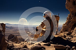 Amidst arid wilderness, an astronaut sits on a solitary desert boulder