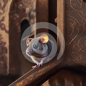 Amidst the balcony\'s confines, adorable mouse darts swiftly, its movements captured in a face-to-face view. photo