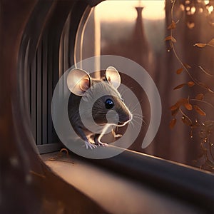 Amidst the balcony\'s confines, adorable mouse darts swiftly, its movements captured in a face-to-face view. photo