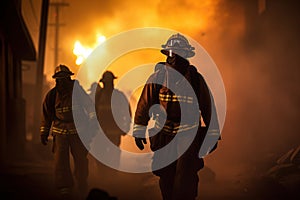 Amidst billowing flames and thick smoke, a powerful image encapsulates the valiant efforts of firefighters battling an inferno. Th