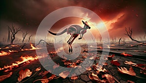 Bushfire Exodus: Kangaroo\'s Perilous Journey through Flames photo