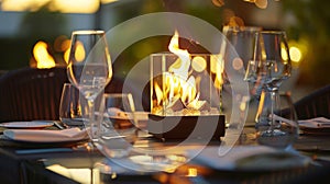 Amidst the chatter and laughter of a bustling dinner party the tabletop fireplace radiates a sense of warmth and photo