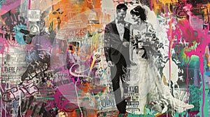 Amidst a collage of tags and vibrant spraypainted designs a bride and groom radiate elegance on their wedding day
