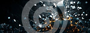 Amidst a cubist matrix of 3D digital pixels, the indistinct form of an AI robot slowly emerges. photo