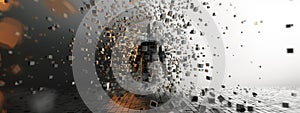 Amidst a cubist matrix of 3D digital pixels, the indistinct form of a person slowly emerges photo